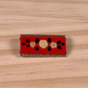 Vintage Petite Red Floral Rectangle Brooch Pin Silver Tone